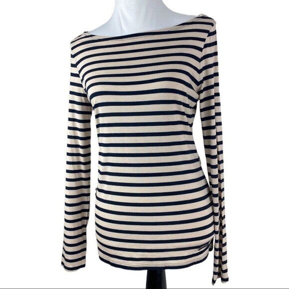 Adrienne Vittadini Women's Tan Navy Striped  Boatneck Modal Preppy Top M/C36.5 - Picture 1 of 8